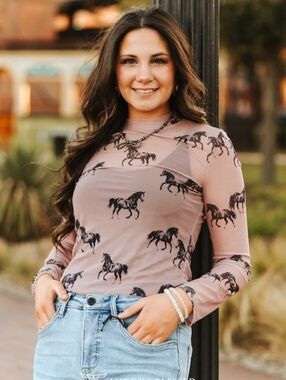 NWT Long Sleeve Mesh Horse Print Top - Mauve Pink